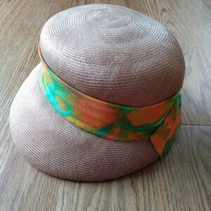 Vintage Taupe Straw Hat Tropical Orange Green Sash Sunhat Front Brim Rockabilly